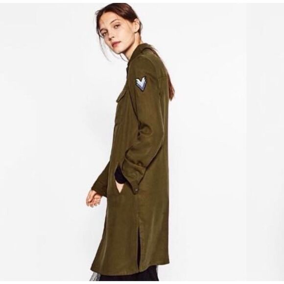 Zara Military Shacket Shirt Jacket Duster Buttons Army‎ Patch Large Green - Picture 1 of 4